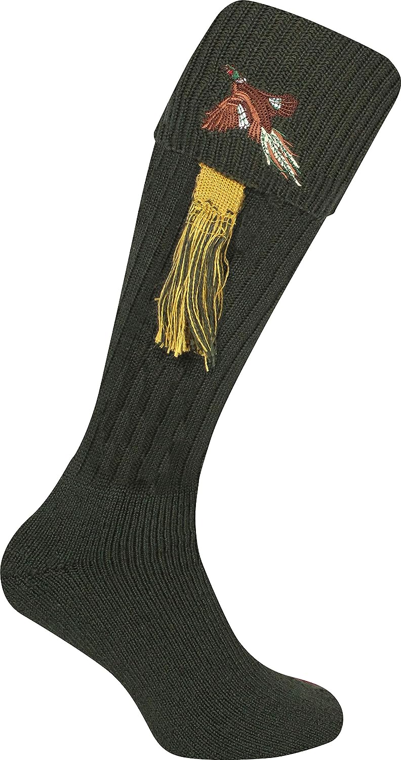 JACK PYKE Pair of Pheasant Embroidered Wool Mix Shooting Socks with Garters 8 to 11 UK