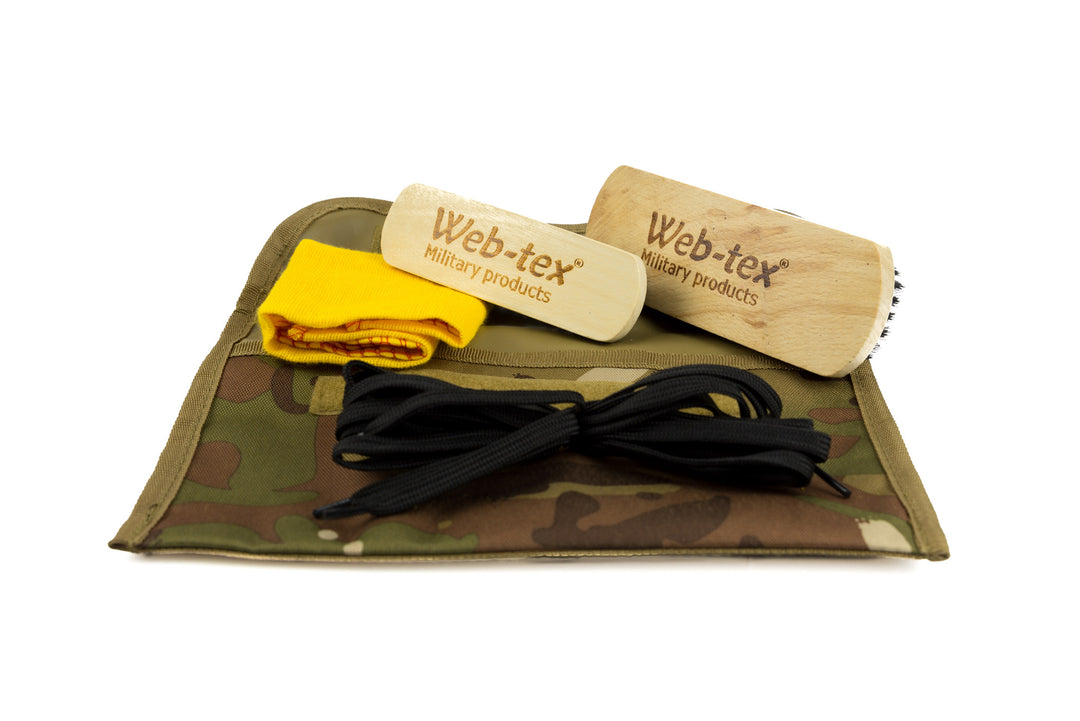 Web-Tex Military Boot Care Cleaning Kit 2 Brushes Duster Laces Original V-Cam Camouflage